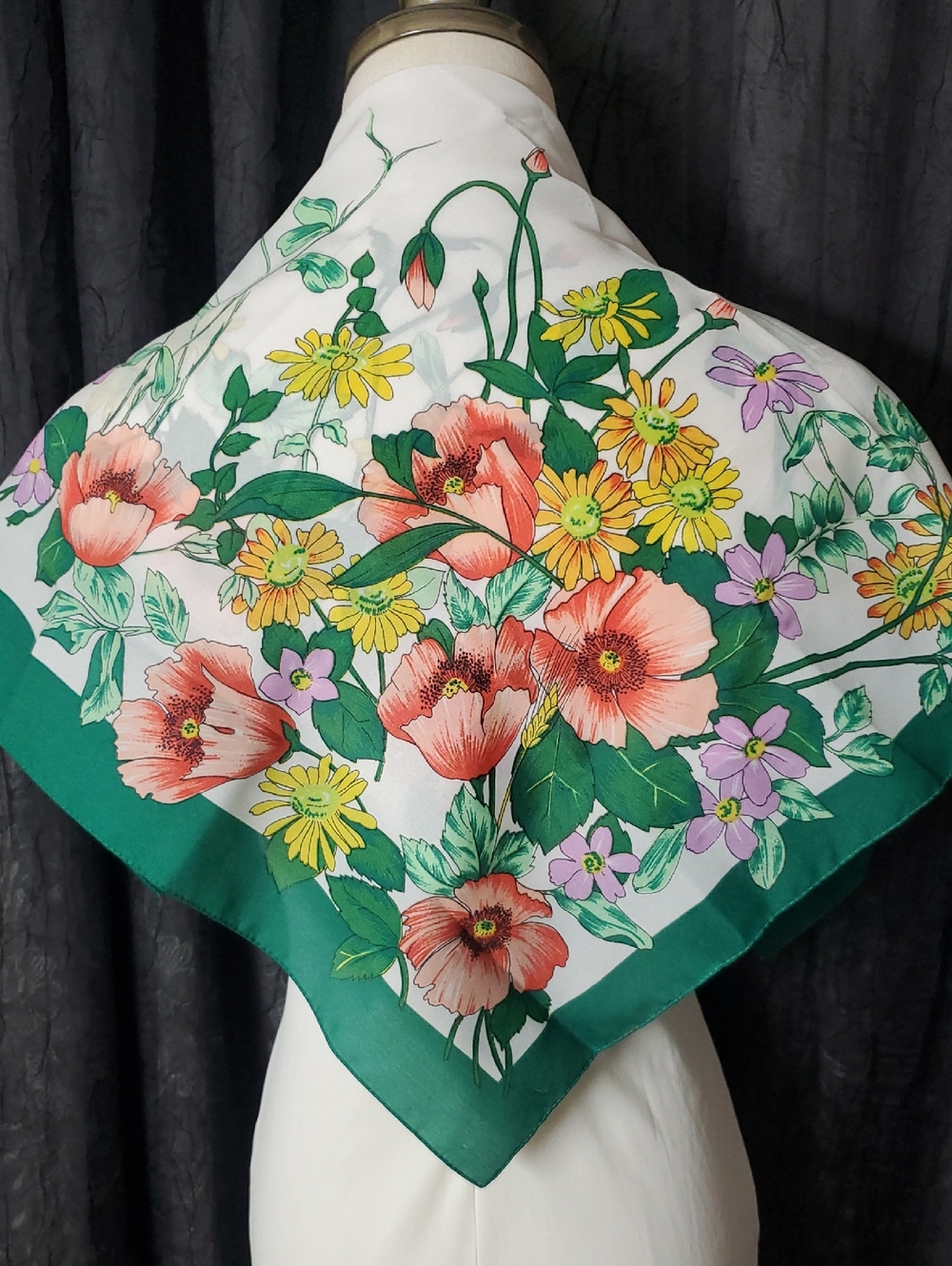 Vintage Satin Scarf SPRING FLORAL Botantical Art LARGE SQUARE 26"
